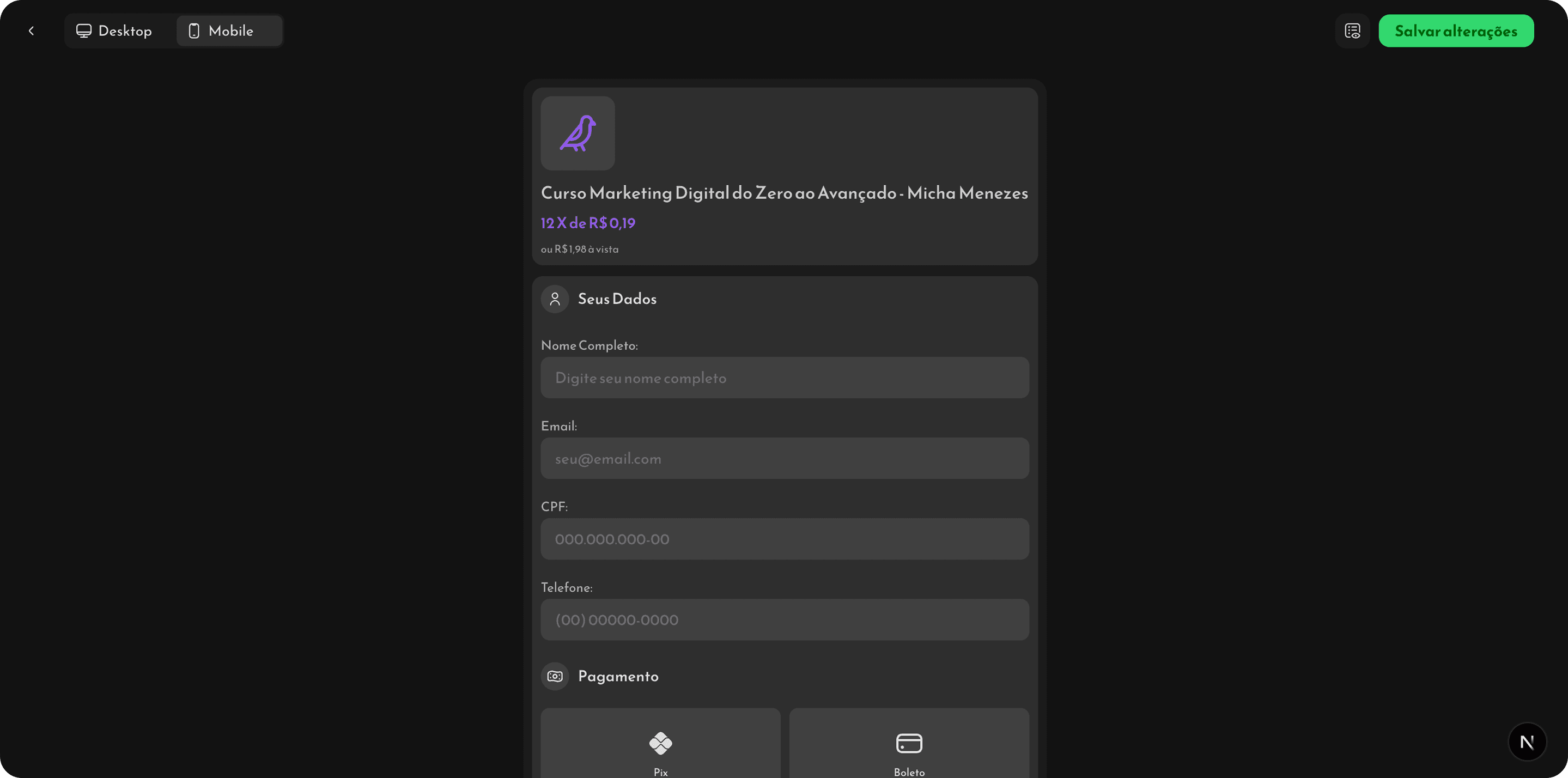 Checkout em visualização mobile