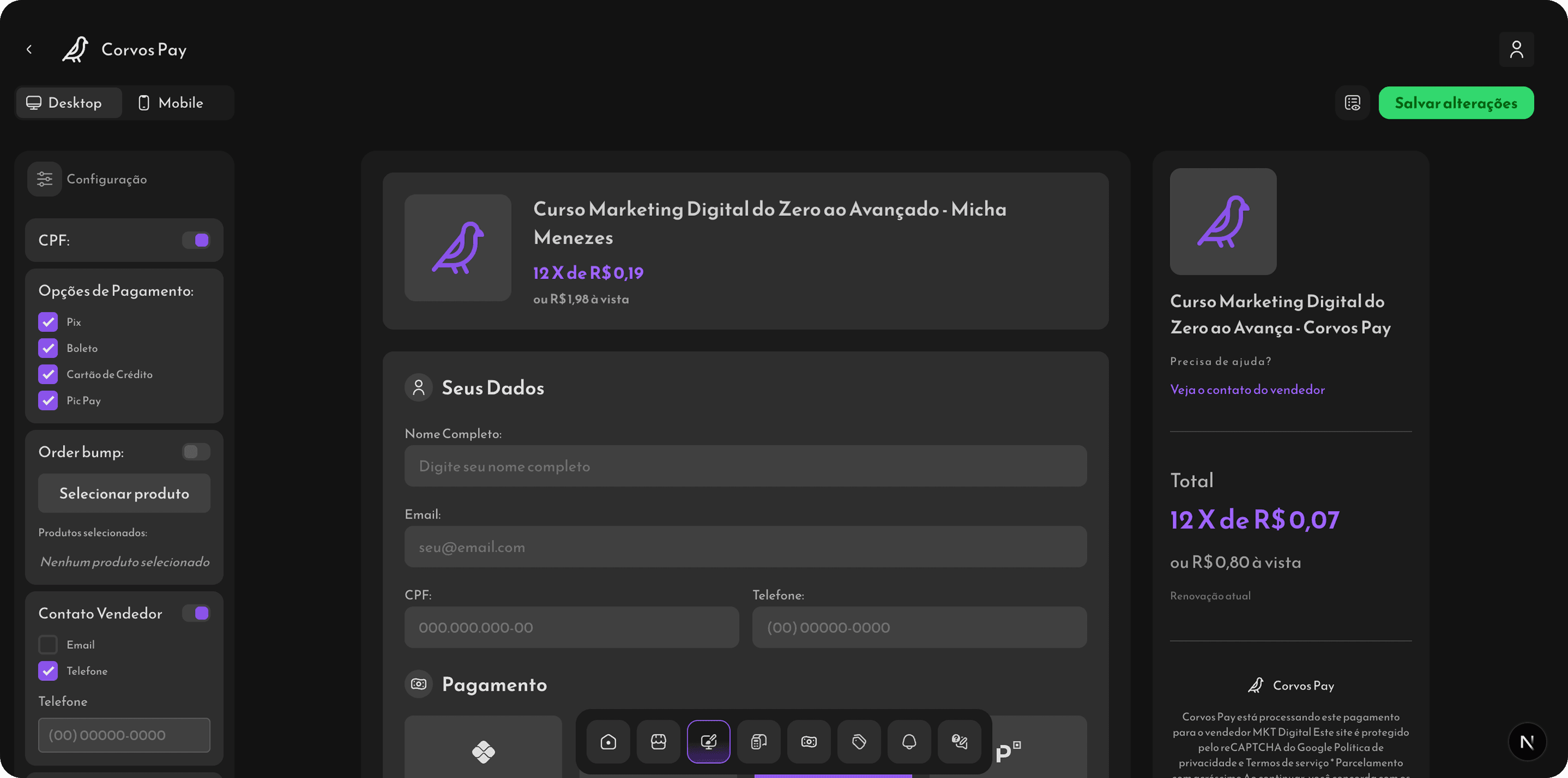 Checkout personalizado em desktop