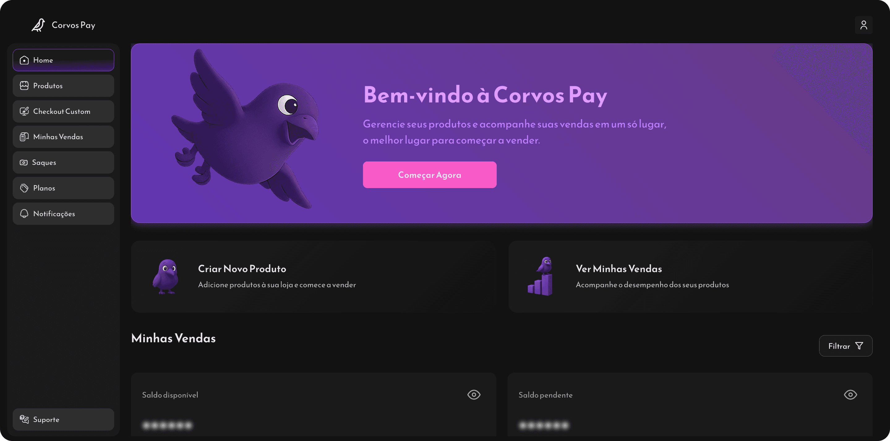 Dashboard inicial da plataforma