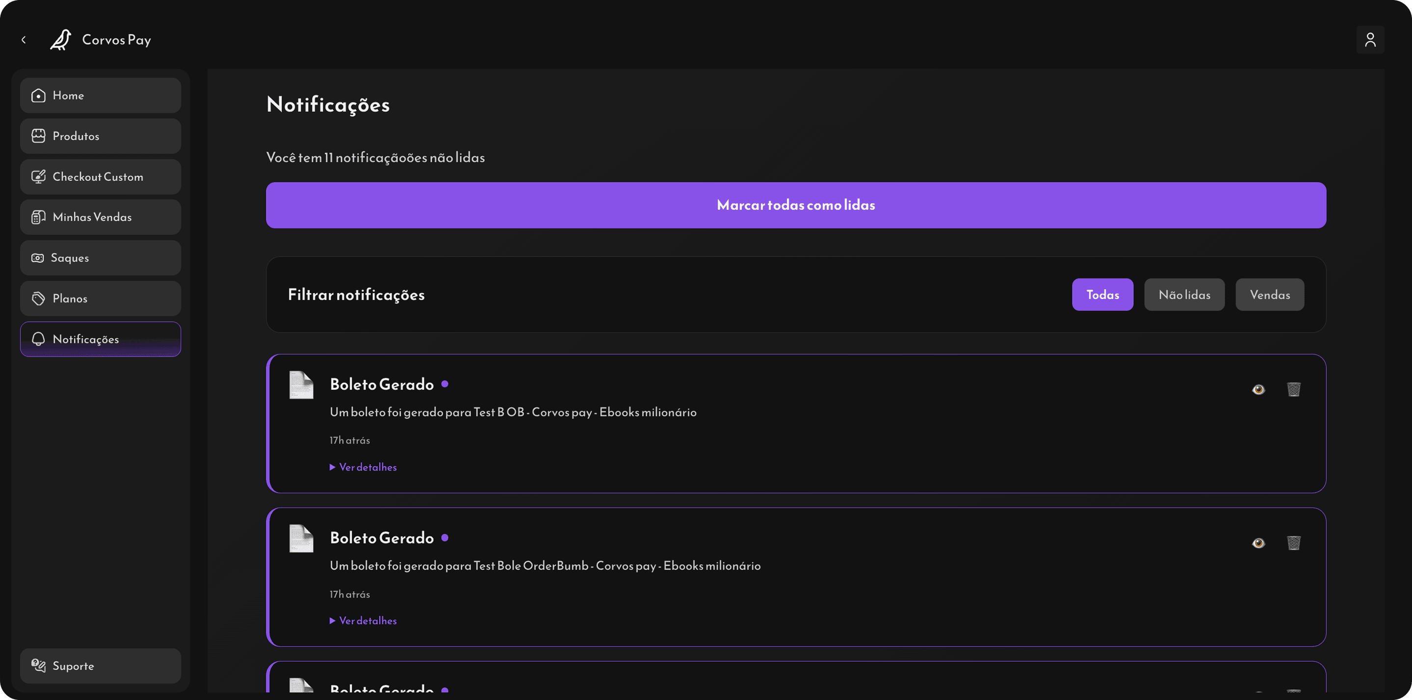 Tela de notificações de vendas